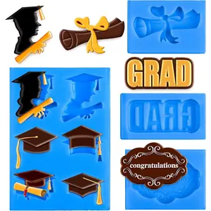 Whaline 4 Pack 2026 Graduation Mini Fondant Molds Silicone Graduation Cap Diploma Mould Congrats Grad Congratulations Candy Chocolate Mould for Grad Party Cake Cupcake Topper Decoration (Blue)