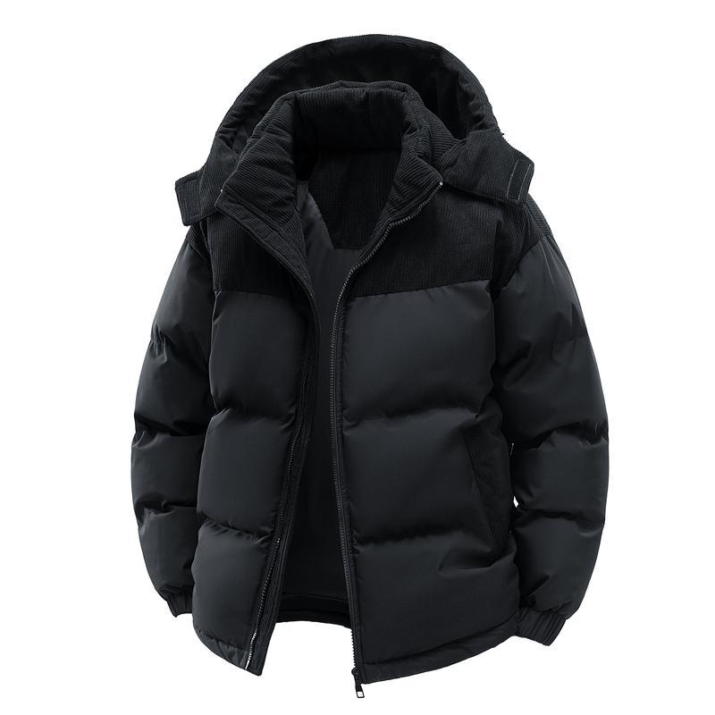 Men's Hooded Puffer Jacket Warm Quilted Zip-Up Coat Casual Corduroy Patchwork Winter Outerwear Windproof Anti-Running Cotton