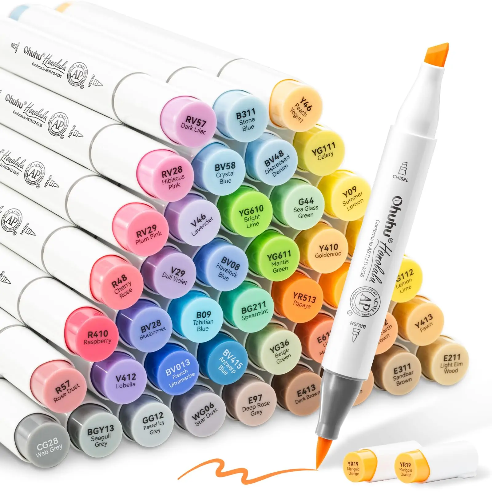Ohuhu Alcohol Markers: Brush & Chisel / Fine - 48 Mid-tone Colors, Dual Tip Pens, Double Tipped Nibs, Expandable Blending Tool, AP Certified Refillable, for Artists, Honolulu 2 & 2B Series of Ohuhu