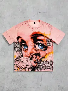 Fallen Angel Print T-Shirt, Round Neck, Open Your Eyes Dark Style Aesthetic Design, American Streetwear Fashion Short Sleeve, Trendy Casual Graphic Tee Menswear for Men & Women
