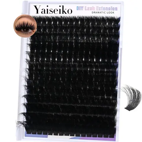 Yaiseiko 300D Cluster Lashes Kit for Adults, 12-25mm Thick Long D Curl Cross Dramatic Make Up Lashes, 224Pcs Wispy Waterproof Soft False Eyelashes for DIY Home Application
