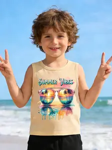 Boys' Sleeveless Vest Summer Beach Style, Gradient Sunglasses Print, Vintage Summer Vibes, Breathable Fabric, Casual Wear