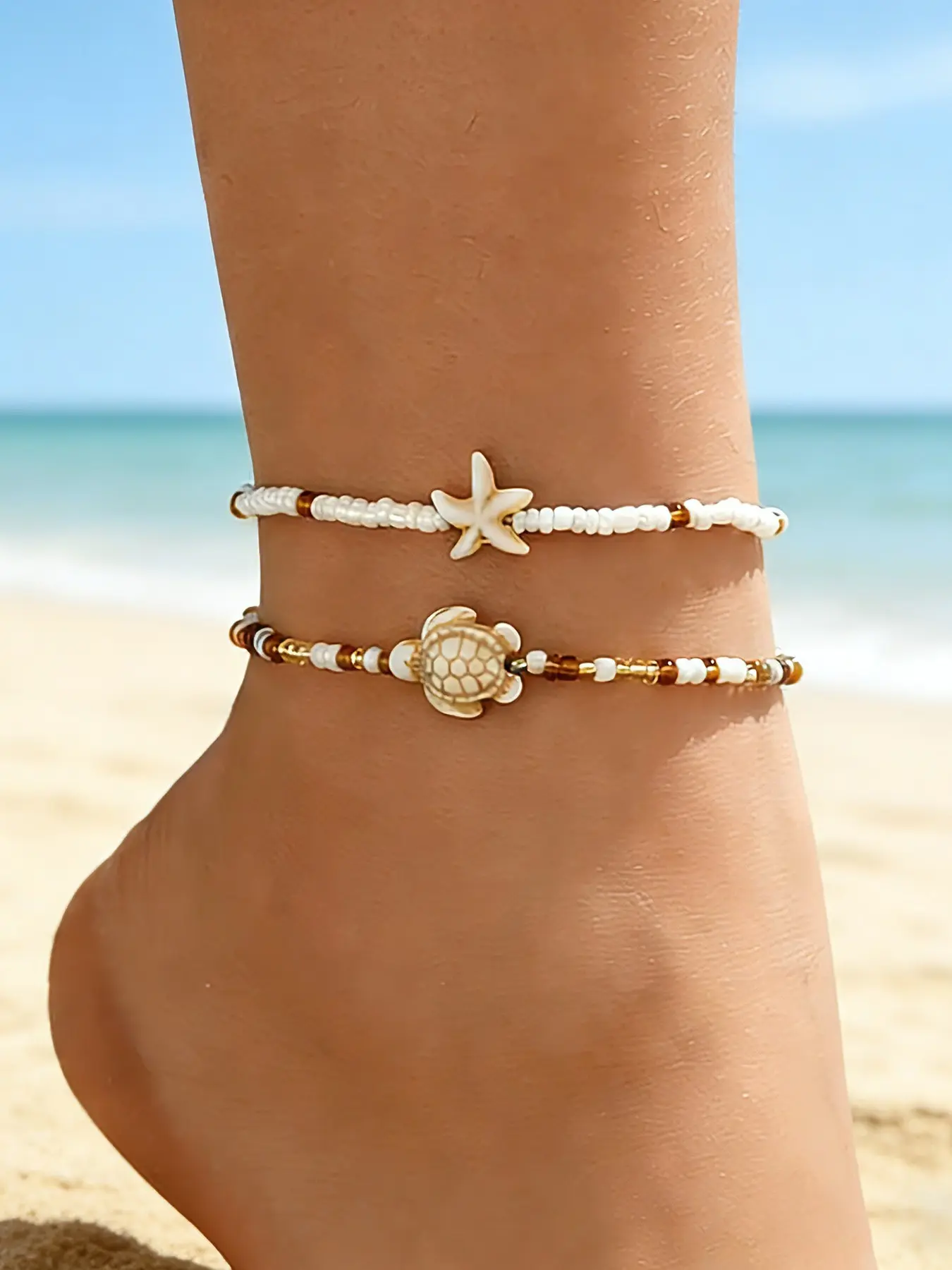 Boho Style Women's Anklet Set with Starfish & Turtle Design, Beaded Jewelry Accessory for Beach Vacation Summer, Fashionable Jewelry Accessories, Dainty Layered Anklet, Aesthetic Jewelry Gift, Trendy Fashionable Accessories