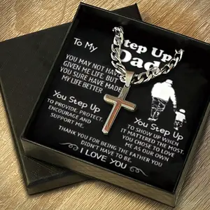 Card And Gift Box Packaging, Stainless Steel Cross Necklace, Fashionable And Versatile Necklace, To My Step Up Dad, Father's Day Gift, Fashionable Jewelry Accessories, Jewelry Present