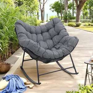 Large Rattan Rocking Papasan Chair, Indoor, Outdoor Rocker Chair, Wicker Rocker with Padded Cushion, Modern Egg Style, Grey Furniture Patio patio furniture set