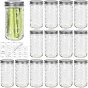15 Pcs 12oz Mason Jars With One Piece Silver Metal Lids, Canning Jars Glass Regular Mouth Jar for Honey, Jam, Jelly, Wedding Favors, Kitchen Food Storage