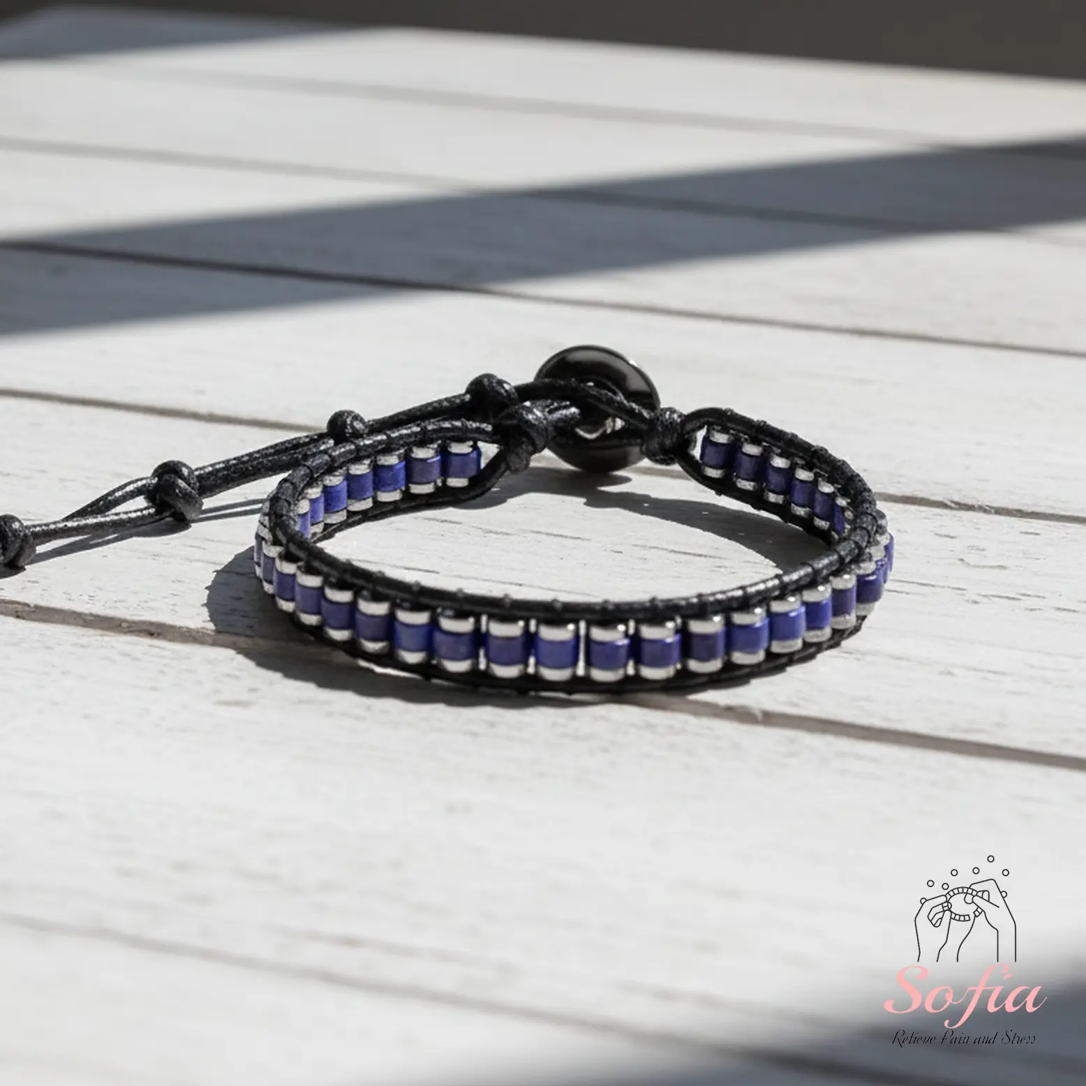 Sofia High Quality Exquisite Lapis Lazuli Bracelet - Blue Lapis, Hematite Healing Natural Crystal Barrel Gemstones, Leather Minimalist Adjustable Daily Wear Jewelry Gift for Her Him
