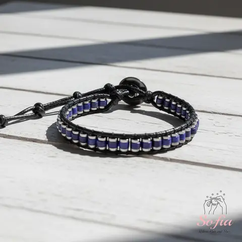 Sofia High Quality Exquisite Lapis Lazuli Bracelet - Blue Lapis, Hematite Healing Natural Crystal Barrel Gemstones, Leather Minimalist Adjustable 6~7.5" Unisex Adults Daily Wear Jewelry Gift