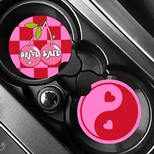 Pink Preppy Mix Match Car Coaster with Cherry Design and Yin Yang Symbol for Safe Driving
