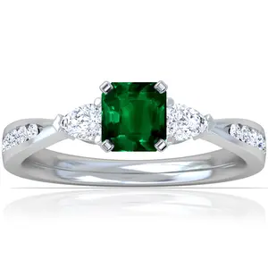 Emerald Emerald Cut and Diamond Three Stone Ring - (14k White Gold)- R65670REEM