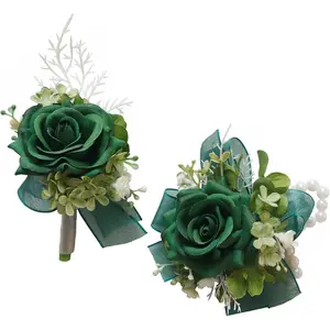 Corsage and Boutonniere Set for Bride Groom Bridesmaids Groomsmen Wedding Homecoming Flowers Prom Suit Accessories (Dark Green)