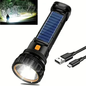 LED Solar Flashlight, USB Rechargeable Waterproof Outdoor Flashlight, Camping Accessories,Outdoor Essential ltems, Camping Gear