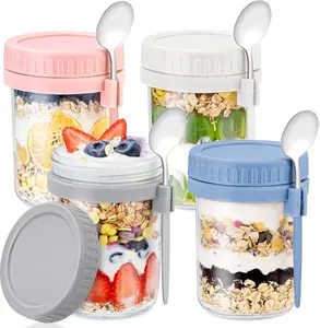 4 Pack Overnight Oats Containers with Lids and Spoons - DRKIO 16 Oz Glass Mason Jars for Overnight Oats Leak Proof Oatmeal Container Great for Cereal Fruit Vegetable Milk Salad Yogurt Meal Prep