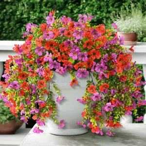 Artificial Hanging Decorative Flowers for Outdoors Spring Summer Decoration, 2PCS Set Silk Fake Daisy Realistic Outdoor Flowers UV Resistant Porch Patio Window Yard Decor(Purple Red)