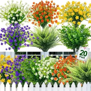 20 bundles of outdoor artificial flowers, summer and spring herbaceous camellia artificial flowers, ferns, eucalyptus plants that resist ultraviolet rays and do not fade, suitable for garden, porch, indoor, and cemetery decoration (6 mixed styles)