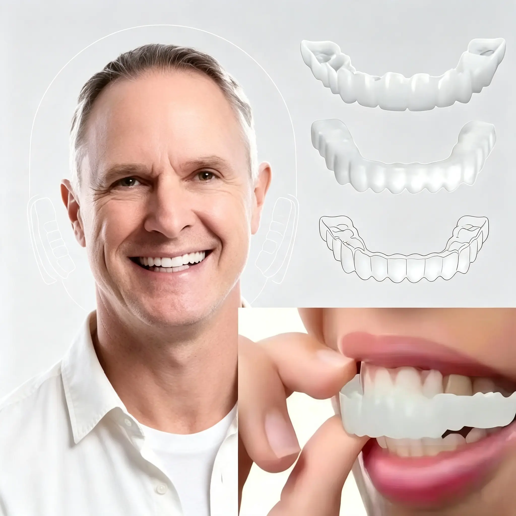 Silicone Snap-On Smile False Teeth Set (2 Pairs with Polypropylene), Instant Veneers, Cosmetic Whitening Covers, Clip-In Top & Bottom Dentures for Teeth Stain Coverage & Radiant Smiles