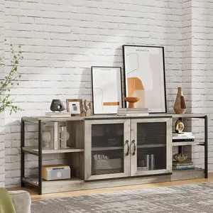71INCH Farmhouse TV Stand for 75/80 Inch TVs, Industrial Entertainment Center With Double Mesh Doors and Storage Cabinet, Rustic Media Console Table for Living Room, Grey