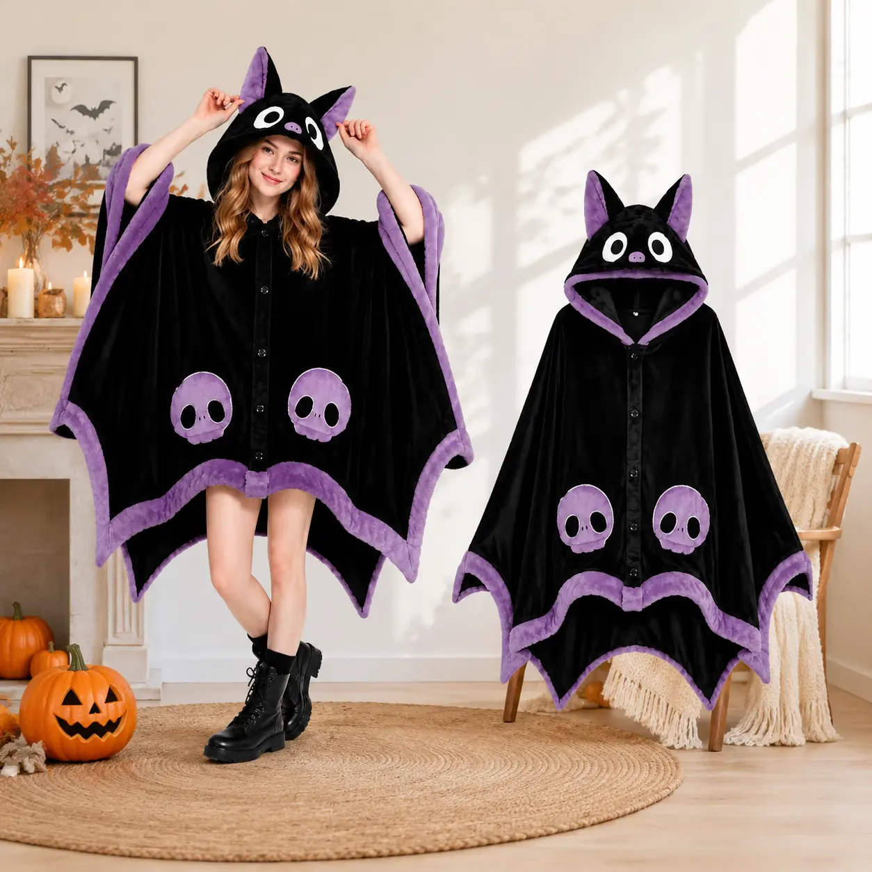 Halloween Bat Costume Cape, Cute Hooded Bat Wing Pajama Blanket Hoodie, Soft Plush Wearable Loungewear for Women Girls, Cozy Home Sleepwear