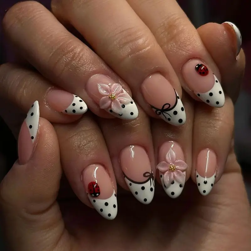 24pcs Long Almond Fake Nails, Nude Ladybug Polka Dot French Tips, Reusable, Multiple Sizes, Includes Jelly Glue and Nail File, Nail Art Set, Fake Nails Kit, Nail Art Products