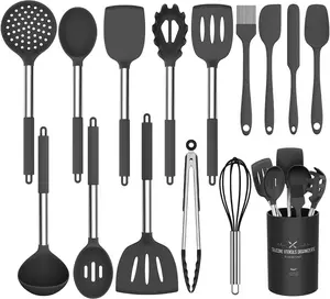 15-Piece Silicone Kitchen Utensil Set – Nonstick Safe Cooking Tools with Stainless Steel Handles (Black)