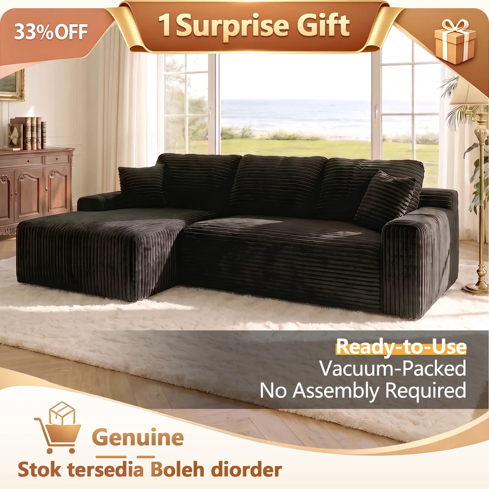 96" Corduroy Cloud L-Shaped Modular Sectional Sofa with Reversible Chaise, Deep Seat, No Assembly Needed, Vacuum Packed in a Box