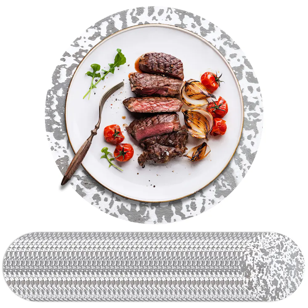 50 Pack 13 Inch Round Metallic Silver Foil Mesh Disposable Placemats, Ultra-Thin Pressed Table Doilies, Shiny Single Use Table Mats for Wedding Birthday Valentine Christmas Halloween Easter Graduation Holiday Dining Table Decor