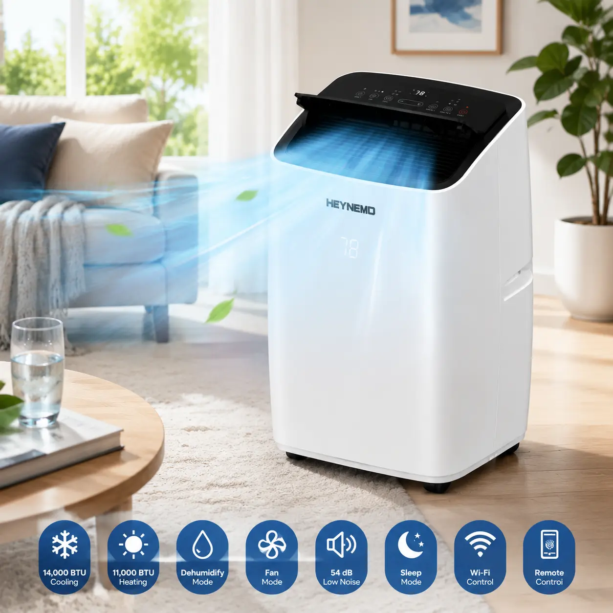 Sunvivi 14,000 BTU 3-in-1 Portable Air Conditioner with Heat, Dehumidifier & Fan, Smart WiFi Control, Quiet AC for Bedroom, Office, Living Room, Easy Install, White