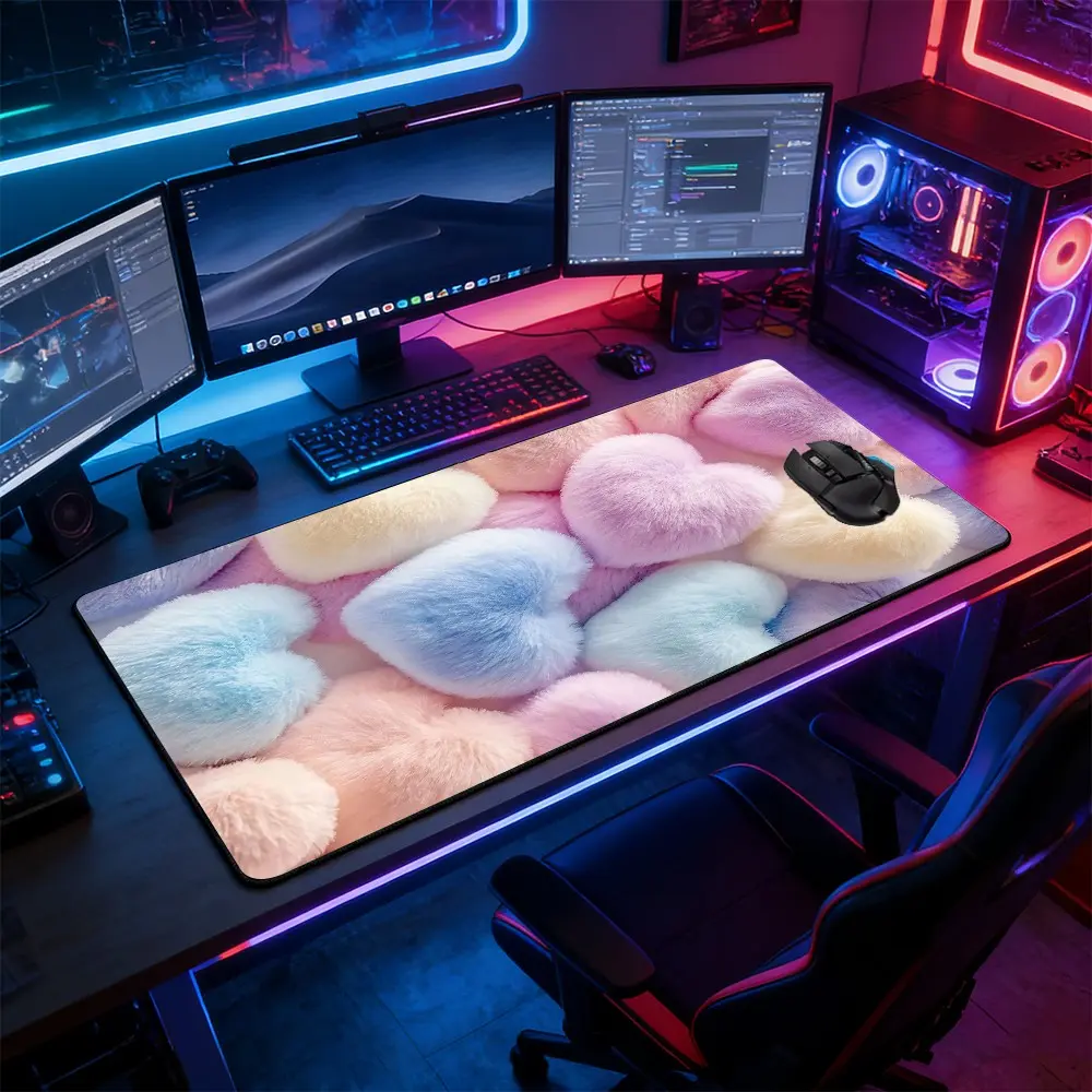 Cute Kawaii Pastel Fluffy Heart Large Gaming Mouse Pad, Extended Computer Keyboard Mouse Mat, Non-Slip Rubber Base Stitched Lock Edges Washable Desk Pad, Multi-Size for Home Office Gaming, Desk Accessories, Perfect Gift for Girls & Women