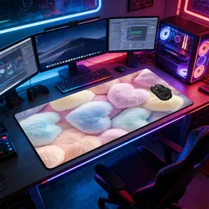 Cute Kawaii Pastel Fluffy Heart Large Gaming Mouse Pad, Extended Computer Keyboard Mouse Mat, Non-Slip Rubber Base Stitched Lock Edges Washable Desk Pad, Multi-Size for Home Office Gaming, Perfect Gift for Girls & Women