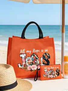 1/2 Piece Set 'All My Hope Is in Jesus' Floral Print Canvas Tote Bag and Coin Purse Set, Vibrant Orange Canvas Christian-Themed Tote Bag with Matching Coin Purse, Large-Capacity Tote + Compact Coin Purse Design, Beach Tote Bag, Casual Tote Bag