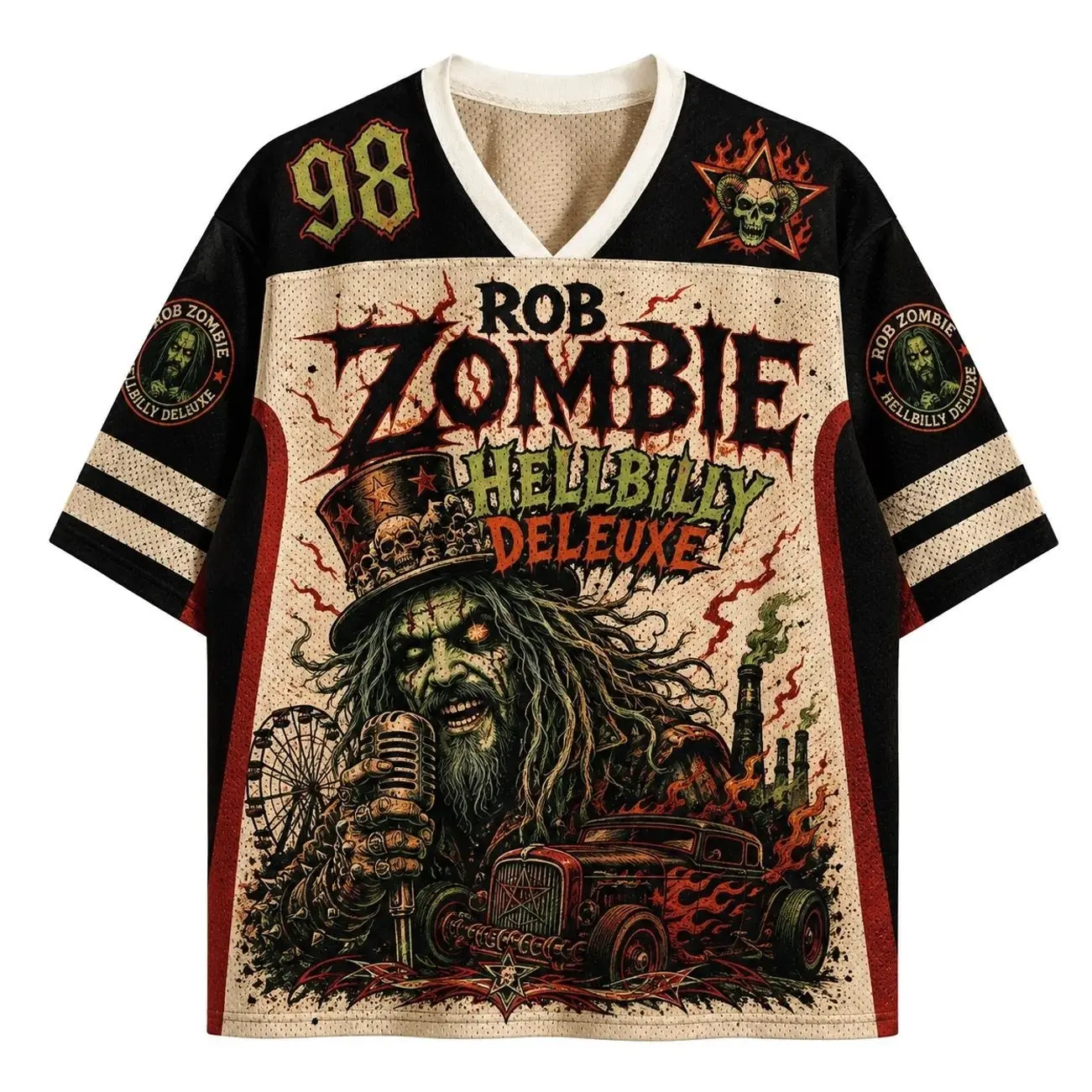 Rob Zombie Hellbilly Deluxe Jersey Shirts → Rob Zombie Hellbilly Deluxe Jersey Shirts, Horror Rock Baseball Jersey, Heavy Metal Mesh Sports Shirt, Vintage Concert Fan Jersey, Unisex Streetwear OAM