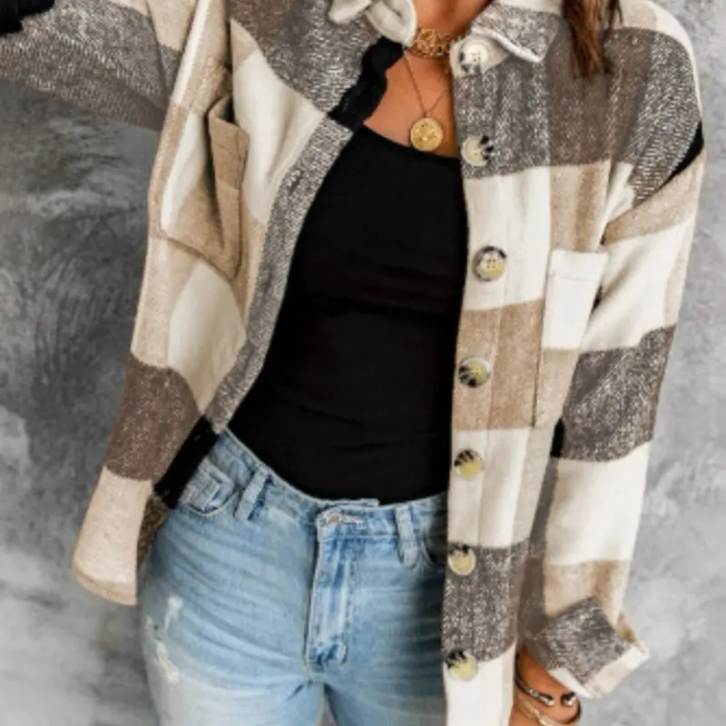 Khaki Plaid Shacket - Stylish Button-Front Jacket for Women, Perfect for Casual & Trendy Outfits