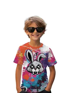 Graffiti Trendy Bunny Digital Print T-Shirt, Funny Graphic Tees, 100% Polyester Casual Boys Clothing for Daily & Outdoor Activities, Perfect Gift for Boys