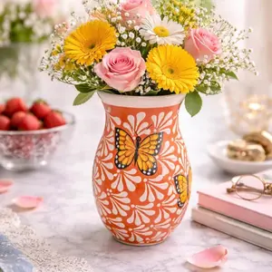 Handmade Orange Flower Vase With Butterfly Print for Elegant Home Decor and Floral Arrangements