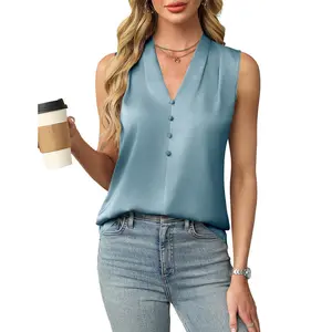 EncoLax Women's Silk Satin Camisole Tank Tops V Neck Pleated Dressy Casual Sleeveless Blouses Summer Business Work Shirts