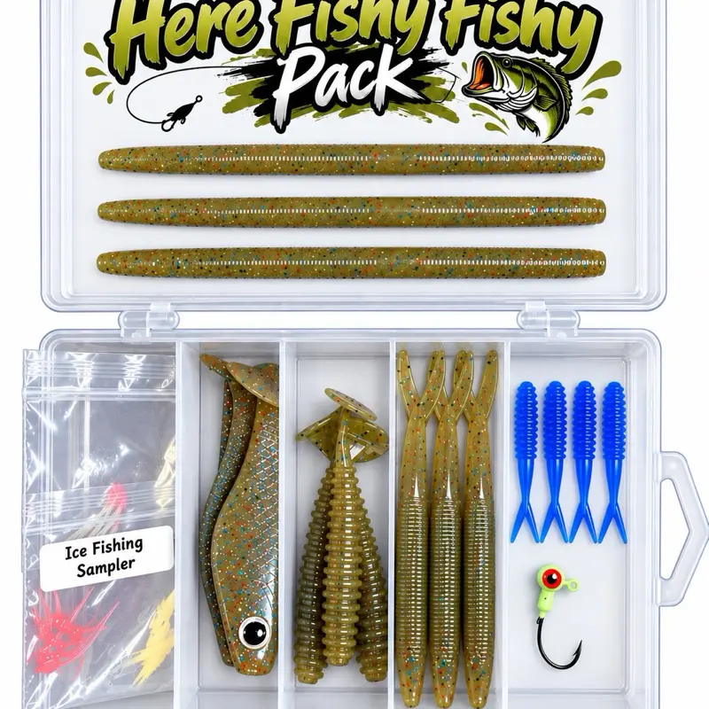 Here Fishy Pack READY, SET, FISH! Starter Pack – Handmade Soft Plastic Fishing Lures, Limited Edition, Freshwater & Saltwater Baits, Tackle Box, Jig Head & Ice Fishing Sampler