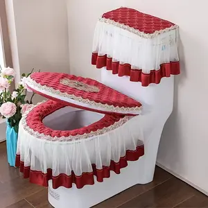 Elegant Lace Toilet Cover Set with Quilted Pattern for Home Bathrooms as Decorative Accessory Warm Dustproof Comfortable & Stylish Design Features - Cushion