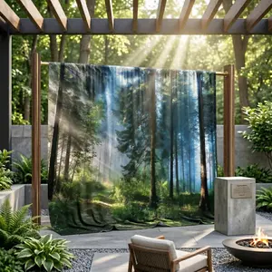 1pc Artistic 2D Flat Print Large Forest Landscape Wall Art - Sunlit Trees & Misty Scene, Polyester Brushed Fabric, Home Decor Products, Bedroom Decor, Indoor Photography Backdrop,summervibes