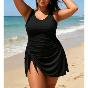 2026 Plus Size Black Ruched Swim Dress - V-Neck One-Piece Bathing Suit with Adjustable Side Knot and Skirted Hem, Tummy Control Swimwear for Beach Vacations & Resort Wear Summer Vibes