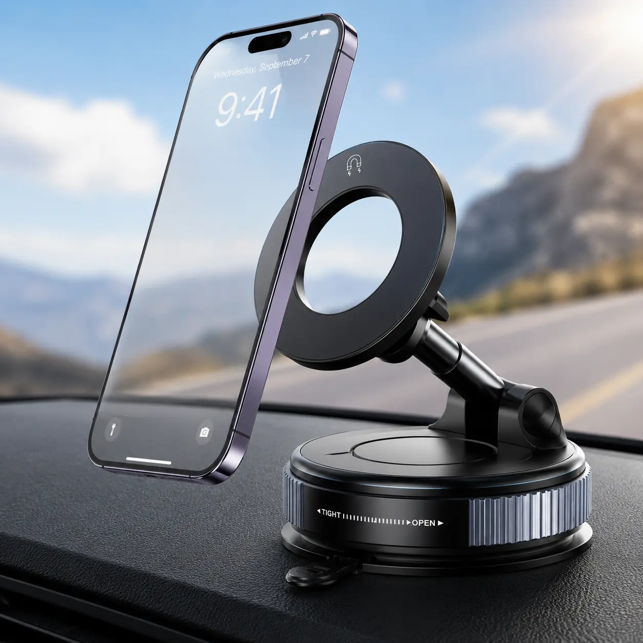 MagSafe Compatible Magnetic Car Phone Mount - Strong Magnet, 360° Rotation, 360° Adjustable Arm, Suction Cup, Metal Plastic Dashboard & Windshield Holder for Hands-Free Drive