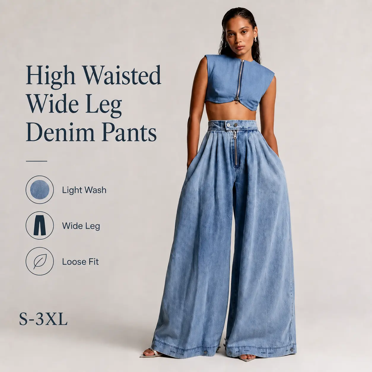 Women High Waist Pleated Denim Pants, Front Zipper Wide Leg & Balloon 2-in-1 Jeans, Adjustable Button Hems, Side Pockets, S-3XL