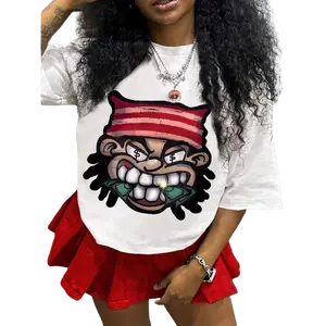 Womens Cotton Short Sleeve Graphic Tee Cute Cartoon Money Face Print Streetwear Y2K Top Casual Summer Outfit Concert Festival Vacation Everyday T Shirt