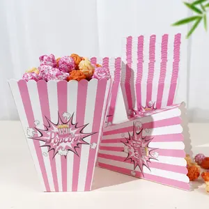 12/24 Pcs pink plaid-themed disposable popcorn box party sets, party supplies, made of 300g heavy-duty food-grade paper, large-sized and ideal for birthday parties, cinemas and family binge-watching snack serving