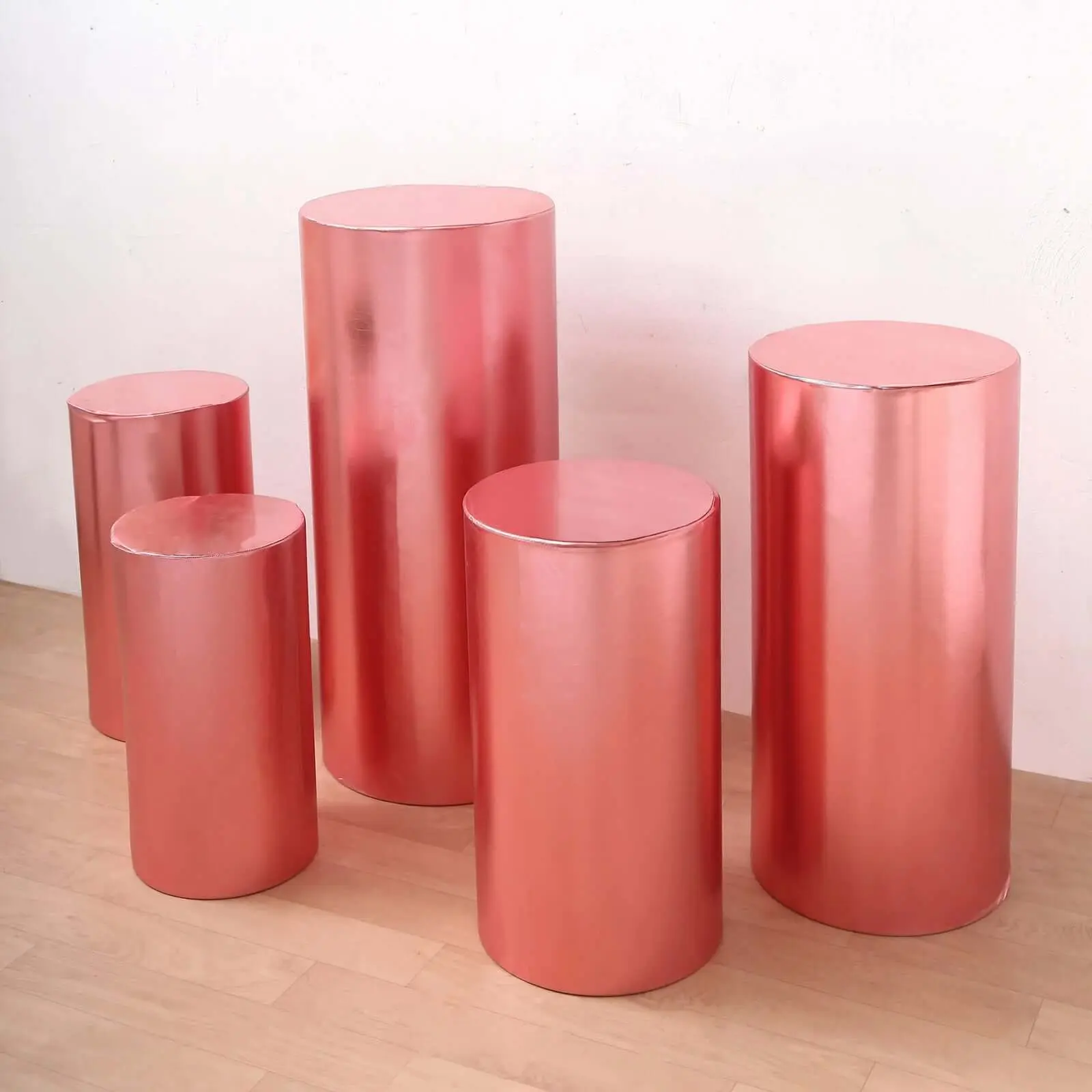 5-Piece Metallic Rose Gold Spandex Cylinder Pedestal Dust Covers - 130 GSM Shiny Stretchable Decorative Pillar Covers for Home Supplies, Dust Cover