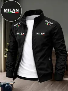 Men's Milan City Logo Stand Collar Jacket, Long Sleeve Durable Casual Zipper Outerwear, Windproof Wrinkle-Resistant, Fall Winter Fashion Gift
