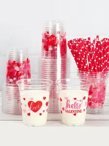Valentine's Day Party Supplies Set - 20/40 Pack Clear Plastic Cups with Heart Designs & Red Heart Paper Straws Perfect for Celebrations Weddings Bridal Showers Romantic Parties
