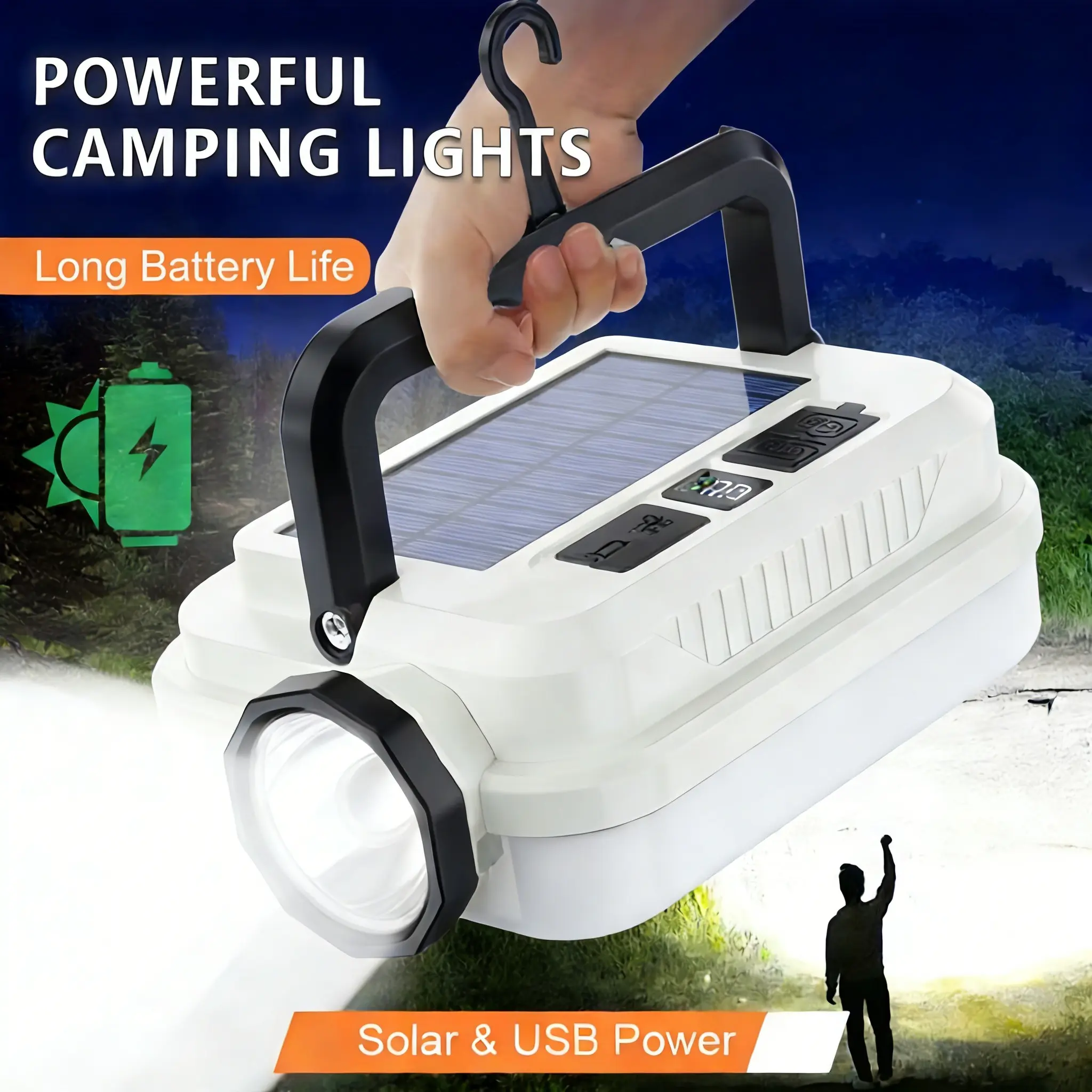 8-in-1 Solar Camping Lantern, Ultra Bright LED Handheld Flashlight with Power Bank, 8 Light Modes & Hanging Hook, Portable Rechargeable Outdoor Lighting Survival Gear for Power Outage, Hiking, Fishing, Powerful Handheld Flashlights