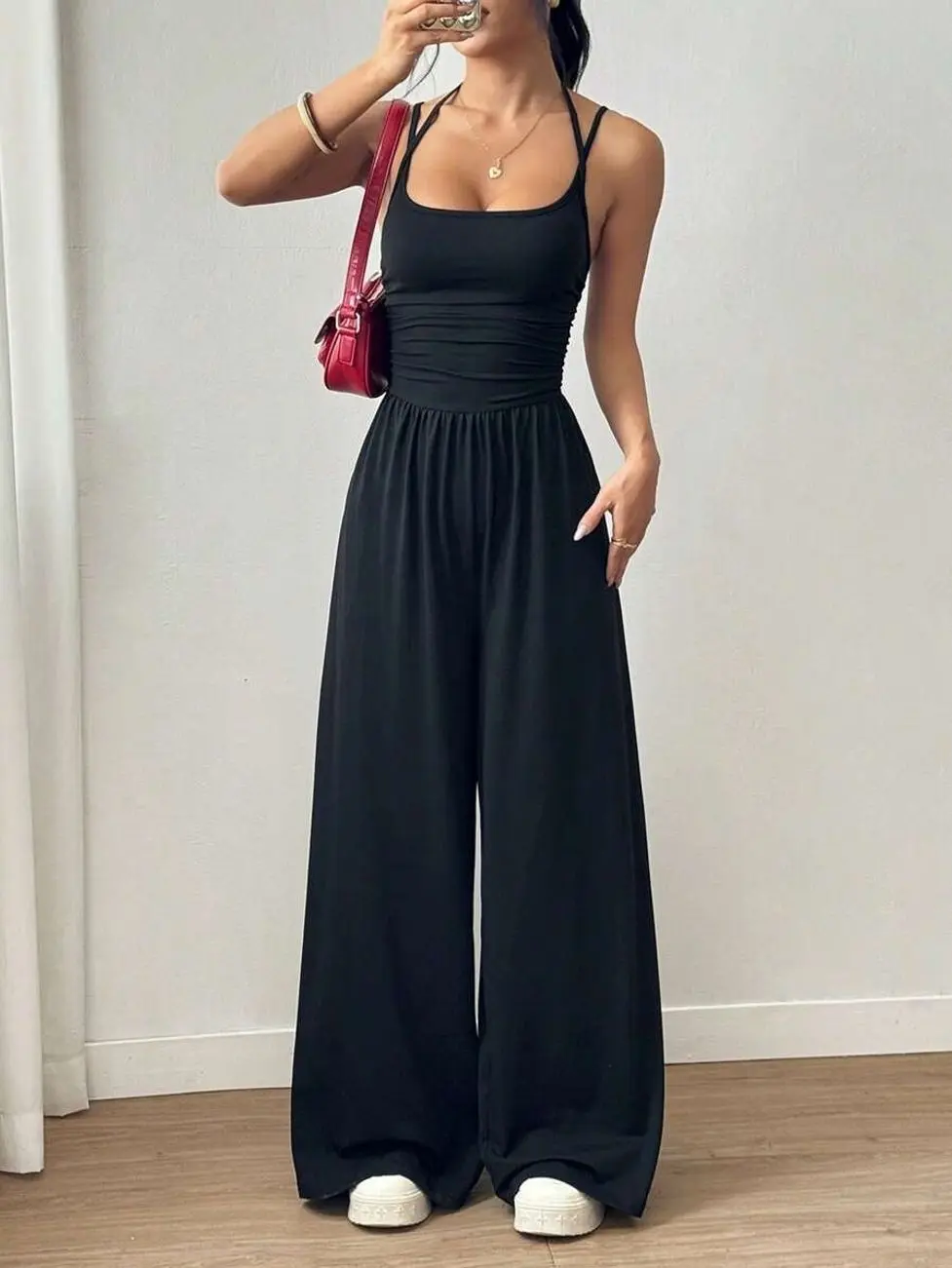 Unity Women's Casual Pleated Loose Straight Jumpsuit, Adjustable Strap, Spring/Summer Black Fabric