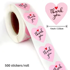 Round Heart Stickers Roll, 500 Sheets Per Roll, Self Adhesive Sticker, Thank You Graffiti Sticky Labels for Wedding Birthday Gift Box Decoration Seal