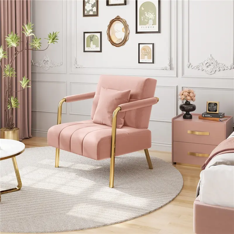Yaheetech Modern Glam Upholstered Armchair - 30" W Oversized Velvet Lounge Chair with Gold Metal Frame, Cushion, Pillow, Decorative Indoor Furniture Chair for Bedroom Reading